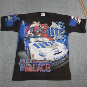 VTG 90's Rusty Wallace Miller‎ Lite All over print t-shirt NASCAR VGC Ford sz LG